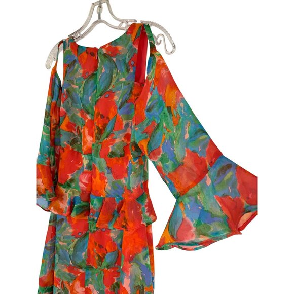 Tahari 2P Cold Shoulder Chiffon Floral Dress Ruffle High Low RDD10669 NWT - Picture 7 of 11